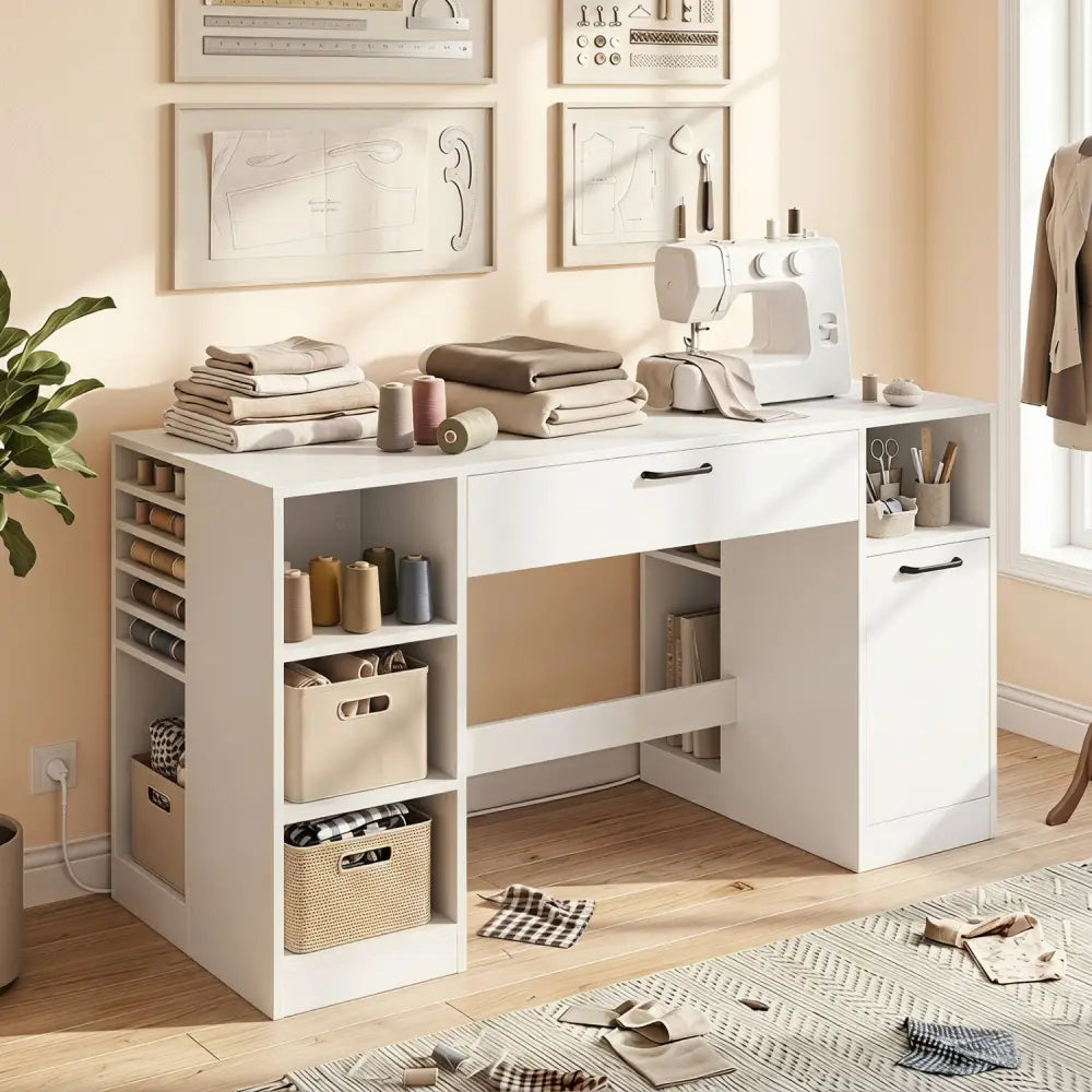 Sewing Table with Power Outlets Craft Station Desk with 2 Drawers Open Compartments-White - White - Sewing Tables
