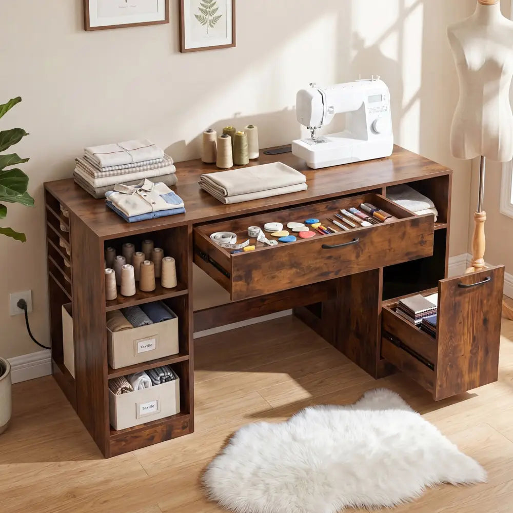 Sewing Table with Power Outlets Craft Station Desk with 2 Drawers Open Compartments-Rustic Brown - Rustic Brown