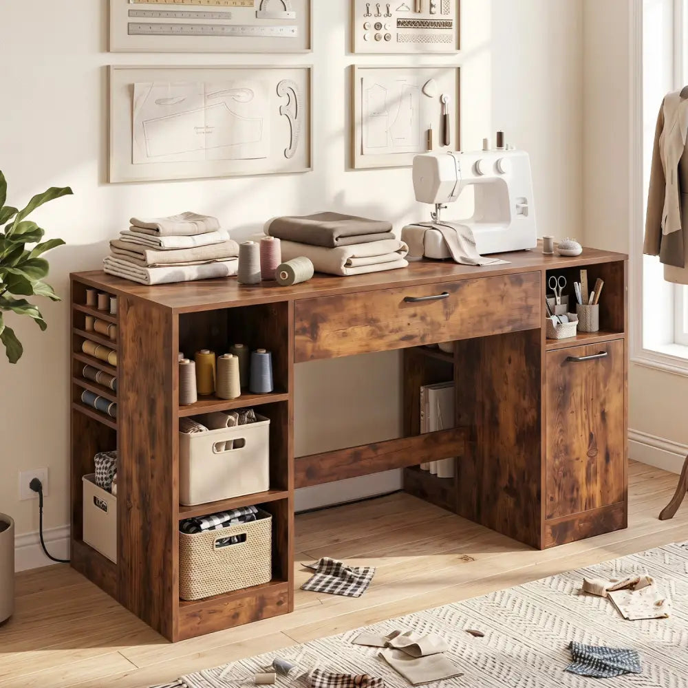 Sewing Table with Power Outlets Craft Station Desk with 2 Drawers Open Compartments-Rustic Brown - Rustic Brown