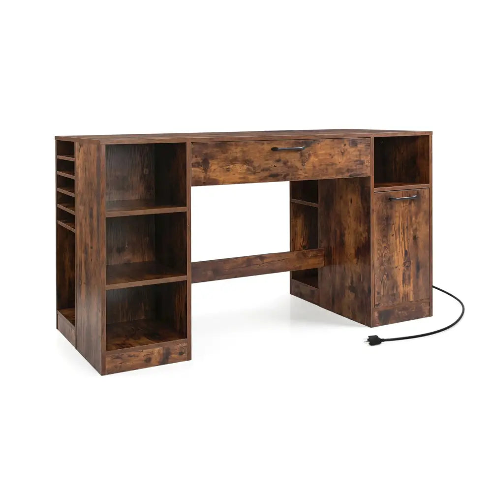 Sewing Table with Power Outlets Craft Station Desk with 2 Drawers Open Compartments-Rustic Brown - Rustic Brown