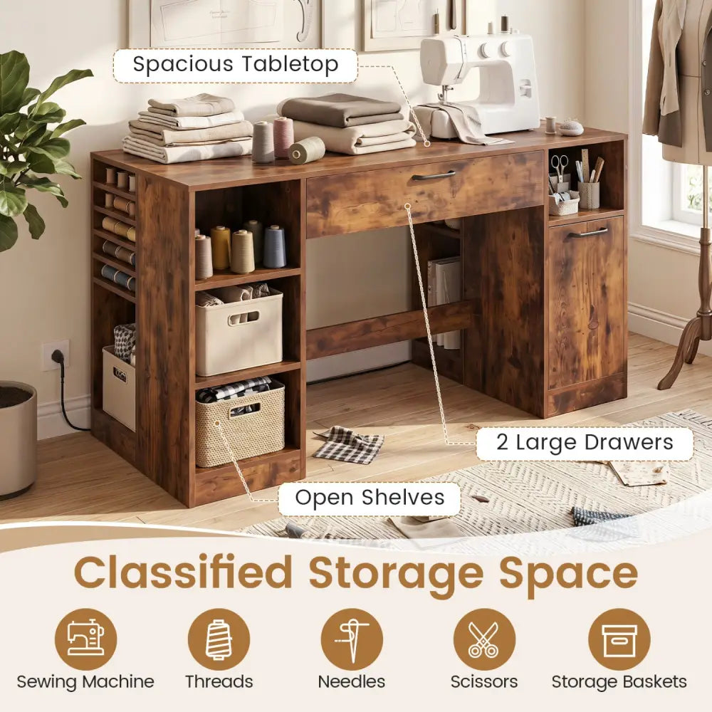 Sewing Table with Power Outlets Craft Station Desk with 2 Drawers Open Compartments-Rustic Brown - Rustic Brown
