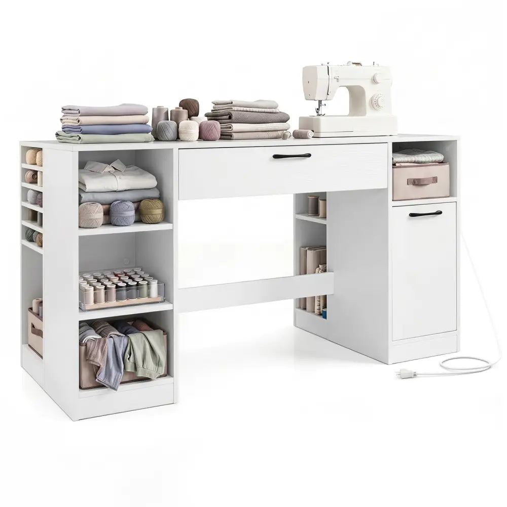 Sewing Table with Power Outlets Craft Station Desk with 2 Drawers Open Compartments-White - White - Sewing Tables