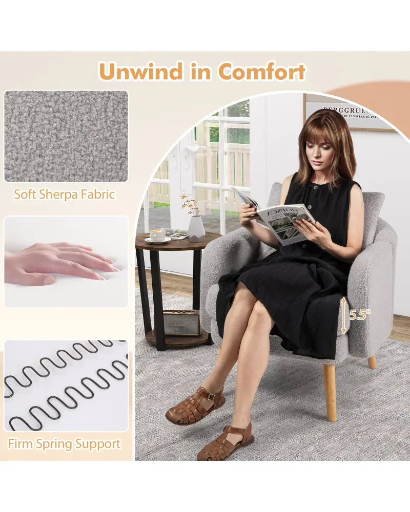 Sherpa Accent Chair Modern Living Room Chair with Seat Cushion-Grey - Gray - Accent Chairs
