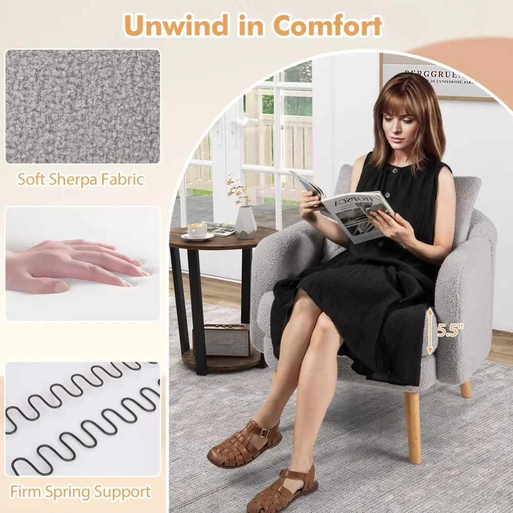 Sherpa Accent Chair Modern Living Room Chair with Seat Cushion-Grey - Gray - Accent Chairs