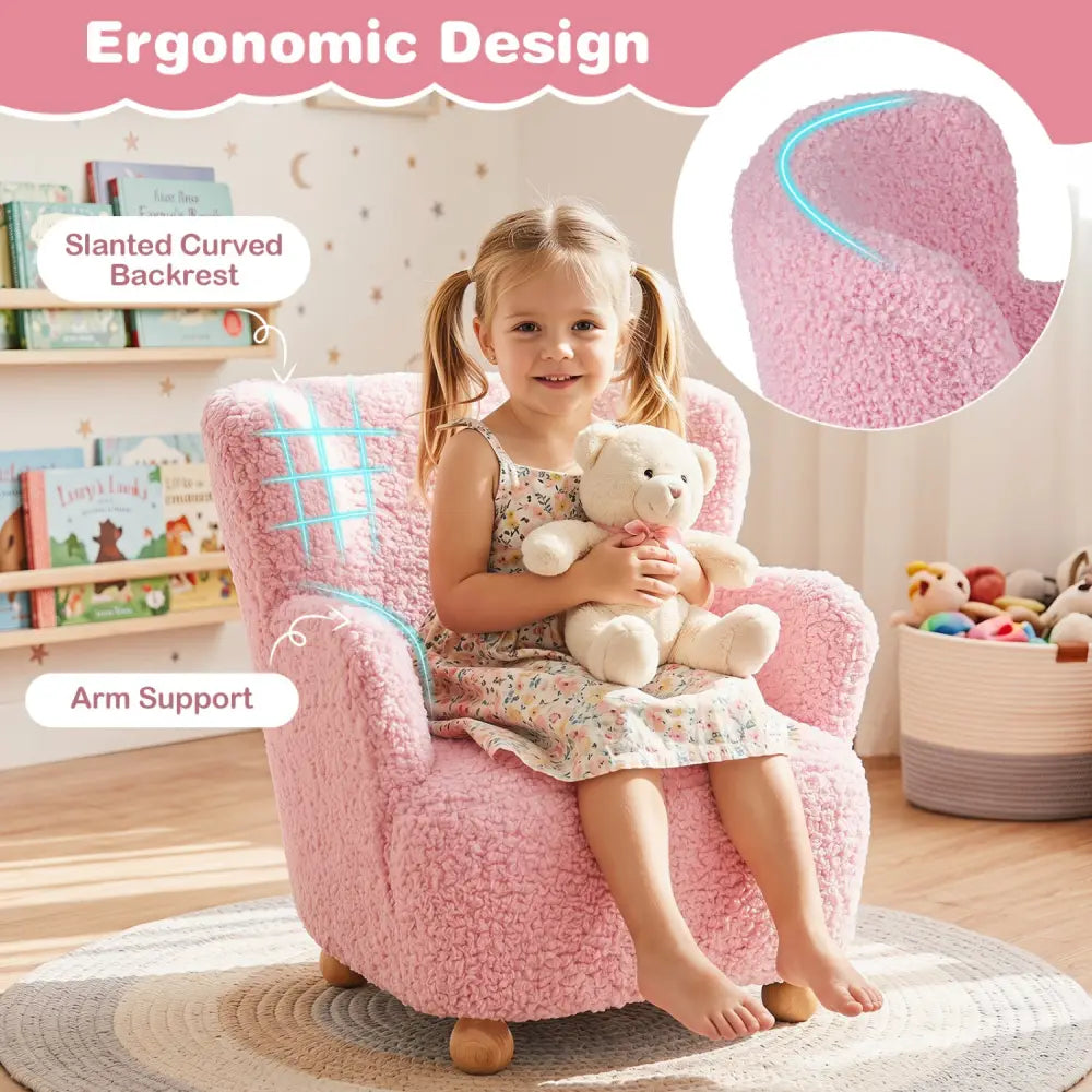 Sherpa Kids Sofa Comfy Toddler Armchair with Solid Rubber Wood Legs-Light Pink - Light Pink - Kids Chairs & Seating