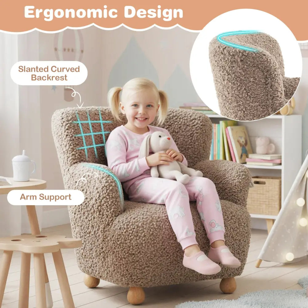 Sherpa Kids Sofa Comfy Toddler Armchair with Solid Rubber Wood Legs-Rustic Brown - Brown - Kids Chairs & Seating