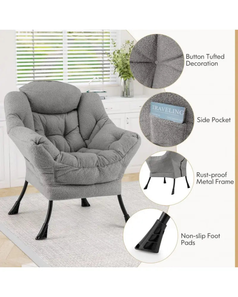 Sherpa UpholsteredAccent Chairwith Cozy Head Pillow-Gray - Gray - Accent Chairs