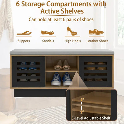 Shoe Bench with 6 Storage Compartments and 3 Adjustable Shelves-Natural - Natural - Shoe Racks & Storage Benches