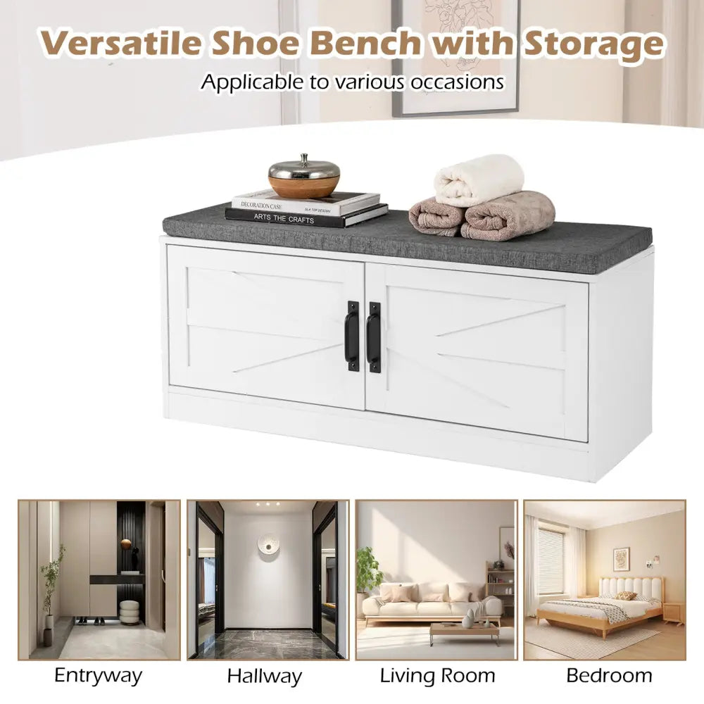 Shoe Bench with Cushion Farmhouse Shoe Rack Organizer with 2 Barn Doors-White - White - Shoe Racks & Storage Benches