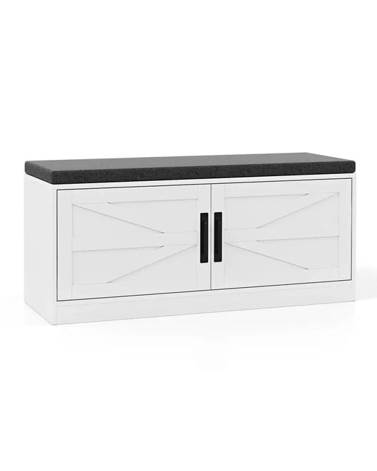 Shoe Bench with Cushion Farmhouse Shoe Rack Organizer with 2 Barn Doors-White - White - Shoe Racks & Storage Benches