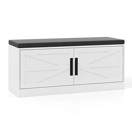 Shoe Bench with Cushion Farmhouse Shoe Rack Organizer with 2 Barn Doors-White - White - Shoe Racks & Storage Benches
