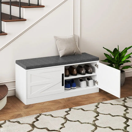 Shoe Bench with Cushion Farmhouse Shoe Rack Organizer with 2 Barn Doors-White - White - Shoe Racks & Storage Benches