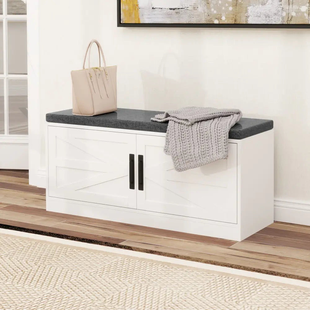 Shoe Bench with Cushion Farmhouse Shoe Rack Organizer with 2 Barn Doors-White - White - Shoe Racks & Storage Benches