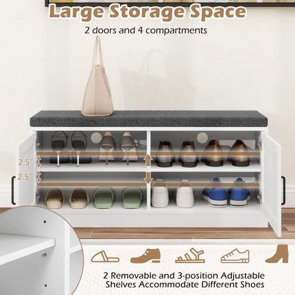 Shoe Bench with Cushion Farmhouse Shoe Rack Organizer with 2 Barn Doors-White - White - Shoe Racks & Storage Benches
