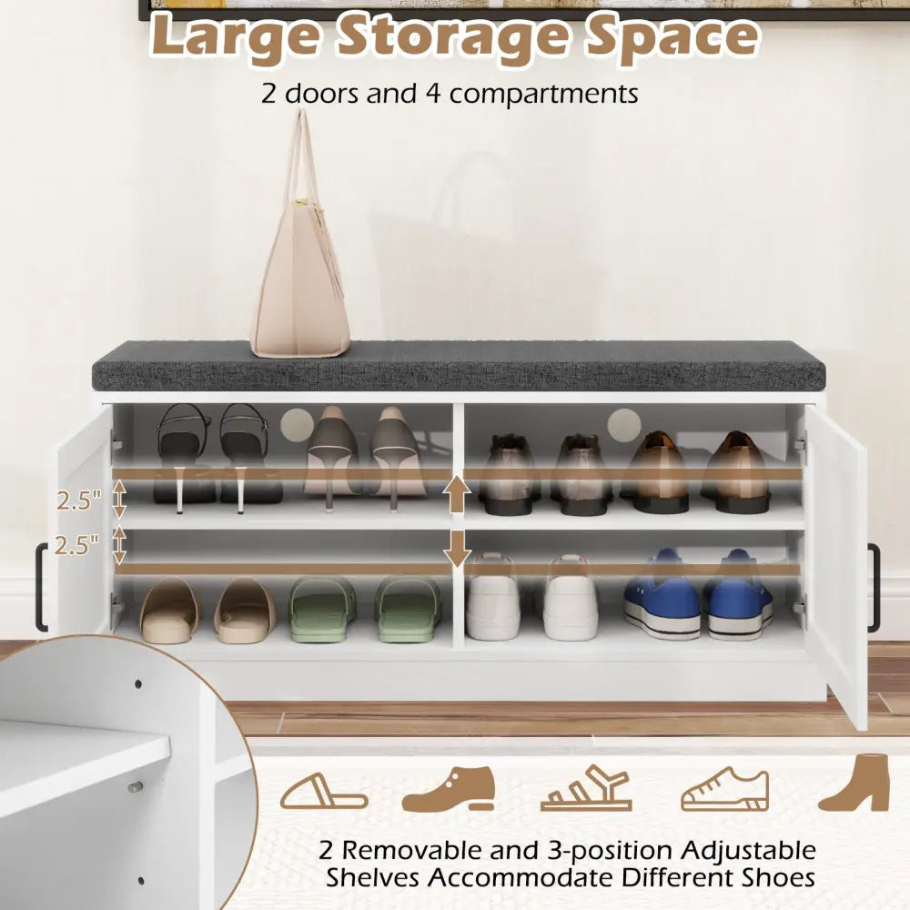 Shoe Bench with Cushion Farmhouse Shoe Rack Organizer with 2 Barn Doors-White - White - Shoe Racks & Storage Benches