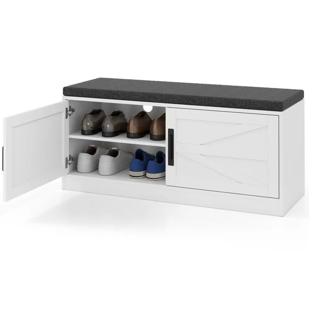Shoe Bench with Cushion Farmhouse Shoe Rack Organizer with 2 Barn Doors-White - White - Shoe Racks & Storage Benches
