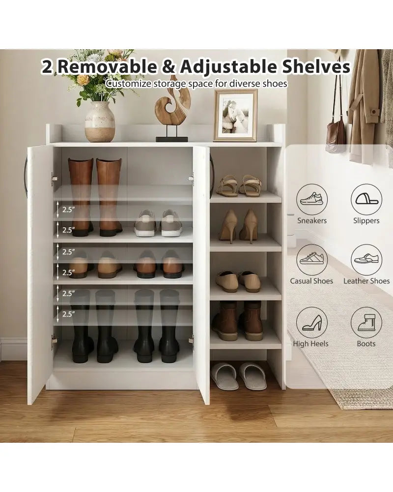 Shoe Cabinet with 2 Doors Shoe Storage Organizer with 2 Adjustable Inner Shelves-White - White - Shoe Racks & Storage