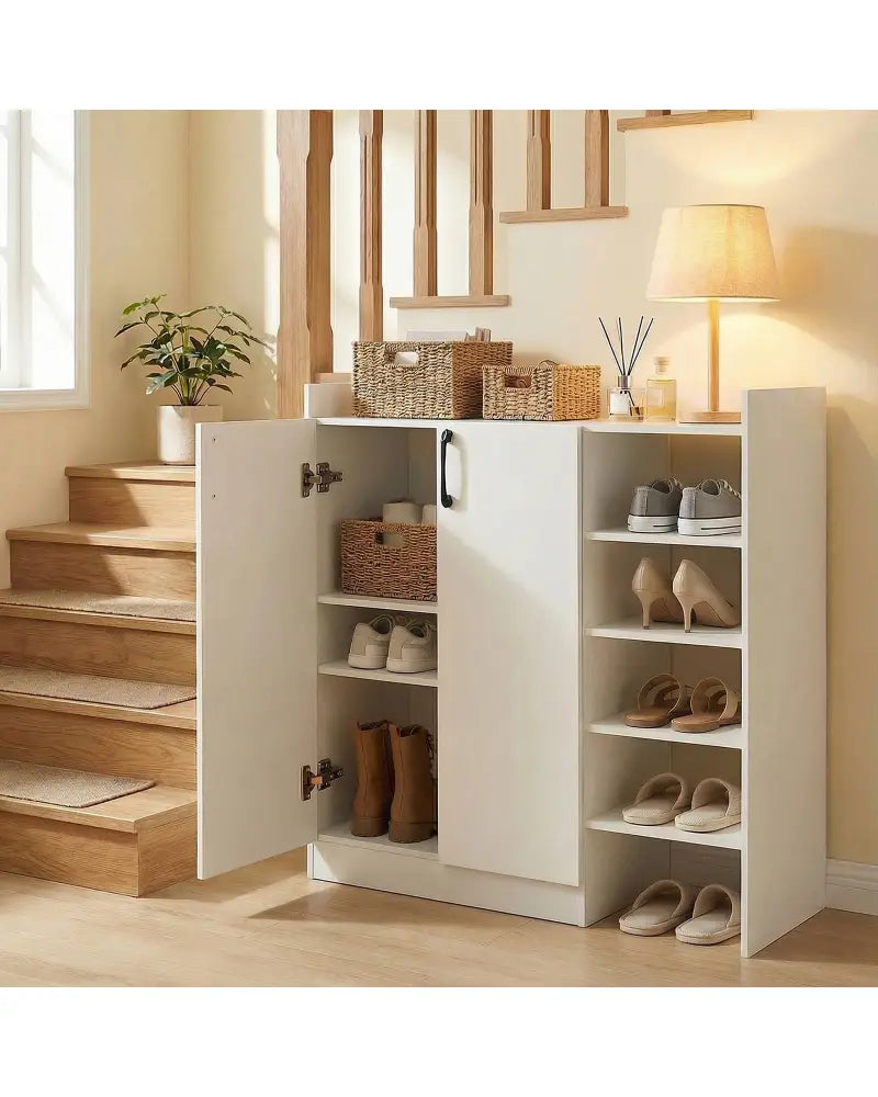 Shoe Cabinet with 2 Doors Shoe Storage Organizer with 2 Adjustable Inner Shelves-White - White - Shoe Racks & Storage