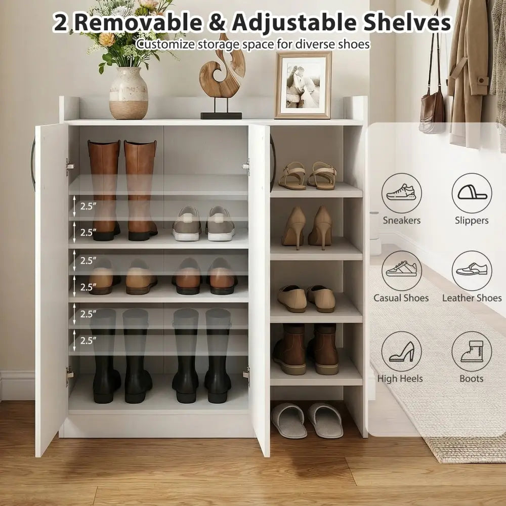 Shoe Cabinet with 2 Doors Shoe Storage Organizer with 2 Adjustable Inner Shelves-White - White - Shoe Racks & Storage