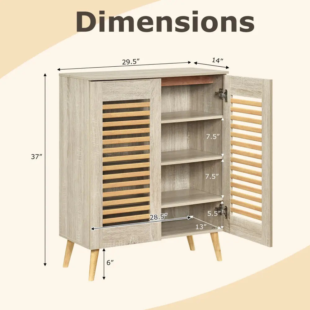 Shoe Cabinet with Louvered Doors and Removable Shelves-Natural - Natural - Shoe Racks & Storage Benches