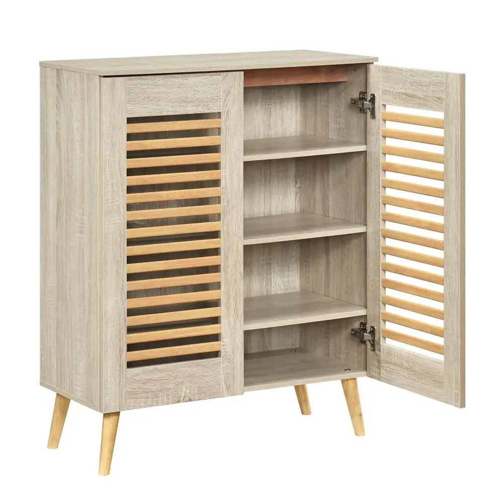 Shoe Cabinet with Louvered Doors and Removable Shelves-Natural - Natural - Shoe Racks & Storage Benches