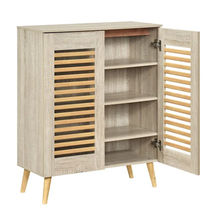 Shoe Cabinet with Louvered Doors and Removable Shelves-Natural - Natural - Shoe Racks & Storage Benches