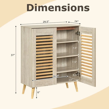 Shoe Cabinet with Louvered Doors and Removable Shelves-Natural - Natural - Shoe Racks & Storage Benches