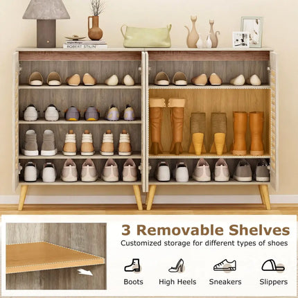 Shoe Cabinet with Louvered Doors and Removable Shelves-Natural - Natural - Shoe Racks & Storage Benches