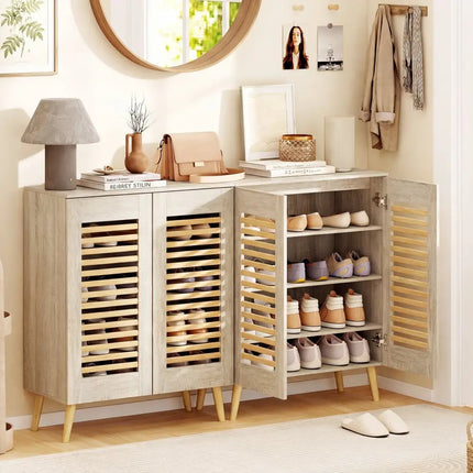 Shoe Cabinet with Louvered Doors and Removable Shelves-Natural - Natural - Shoe Racks & Storage Benches