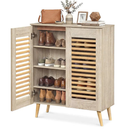 Shoe Cabinet with Louvered Doors and Removable Shelves-Natural - Natural - Shoe Racks & Storage Benches