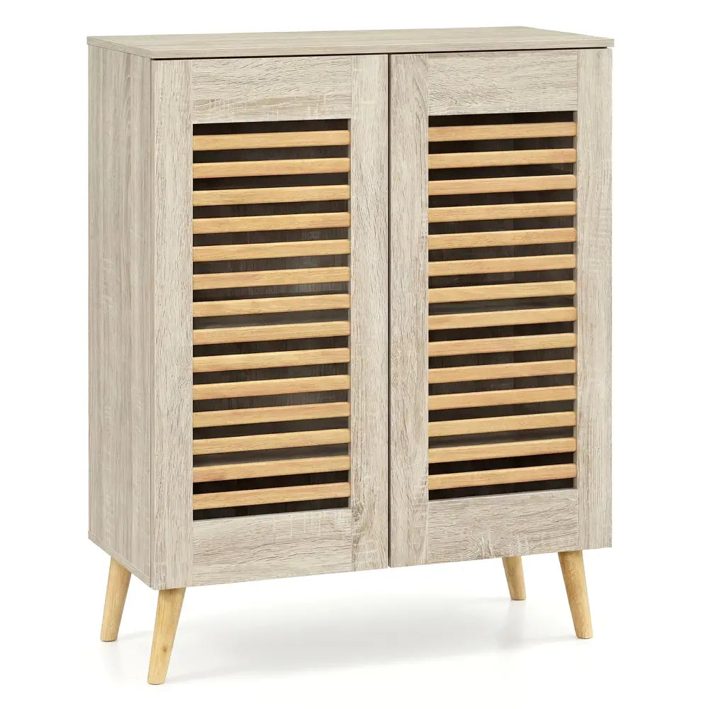 Shoe Cabinet with Louvered Doors and Removable Shelves-Natural - Natural - Shoe Racks & Storage Benches