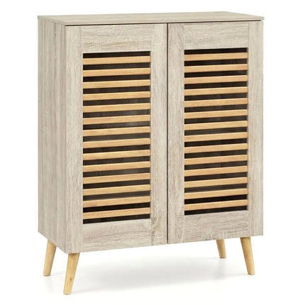 Shoe Cabinet with Louvered Doors and Removable Shelves-Natural - Natural - Shoe Racks & Storage Benches