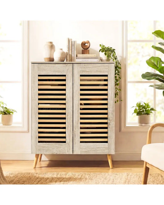 Shoe Cabinet with Louvered Doors and Removable Shelves-Natural - Natural - Shoe Racks & Storage Benches