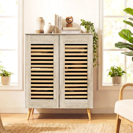 Shoe Cabinet with Louvered Doors and Removable Shelves-Natural - Natural - Shoe Racks & Storage Benches