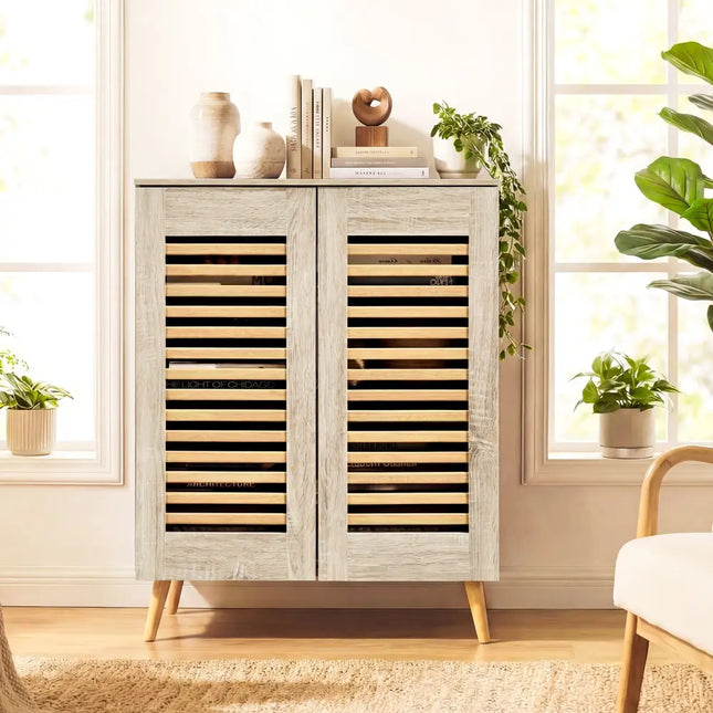 Shoe Cabinet with Louvered Doors and Removable Shelves-Natural - Natural - Shoe Racks & Storage Benches