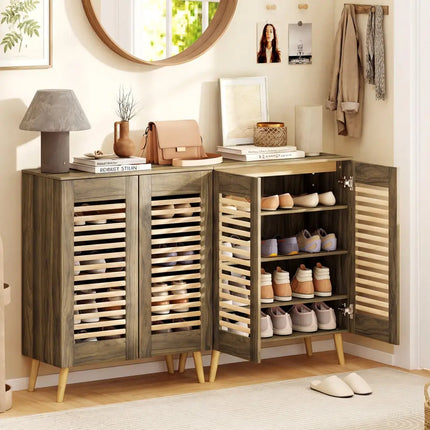 Shoe Cabinet with Louvered Doors and Removable Shelves-Walnut - Walnut - Shoe Racks & Storage Benches