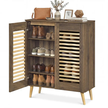 Shoe Cabinet with Louvered Doors and Removable Shelves-Walnut - Walnut - Shoe Racks & Storage Benches