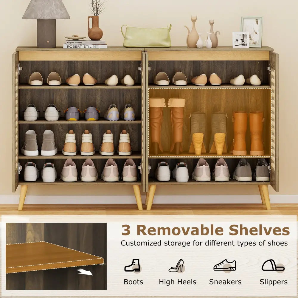 Shoe Cabinet with Louvered Doors and Removable Shelves-Walnut - Walnut - Shoe Racks & Storage Benches