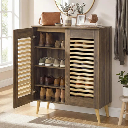 Shoe Cabinet with Louvered Doors and Removable Shelves-Walnut - Walnut - Shoe Racks & Storage Benches