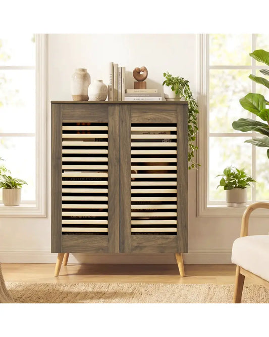 Shoe Cabinet with Louvered Doors and Removable Shelves-Walnut - Walnut - Shoe Racks & Storage Benches