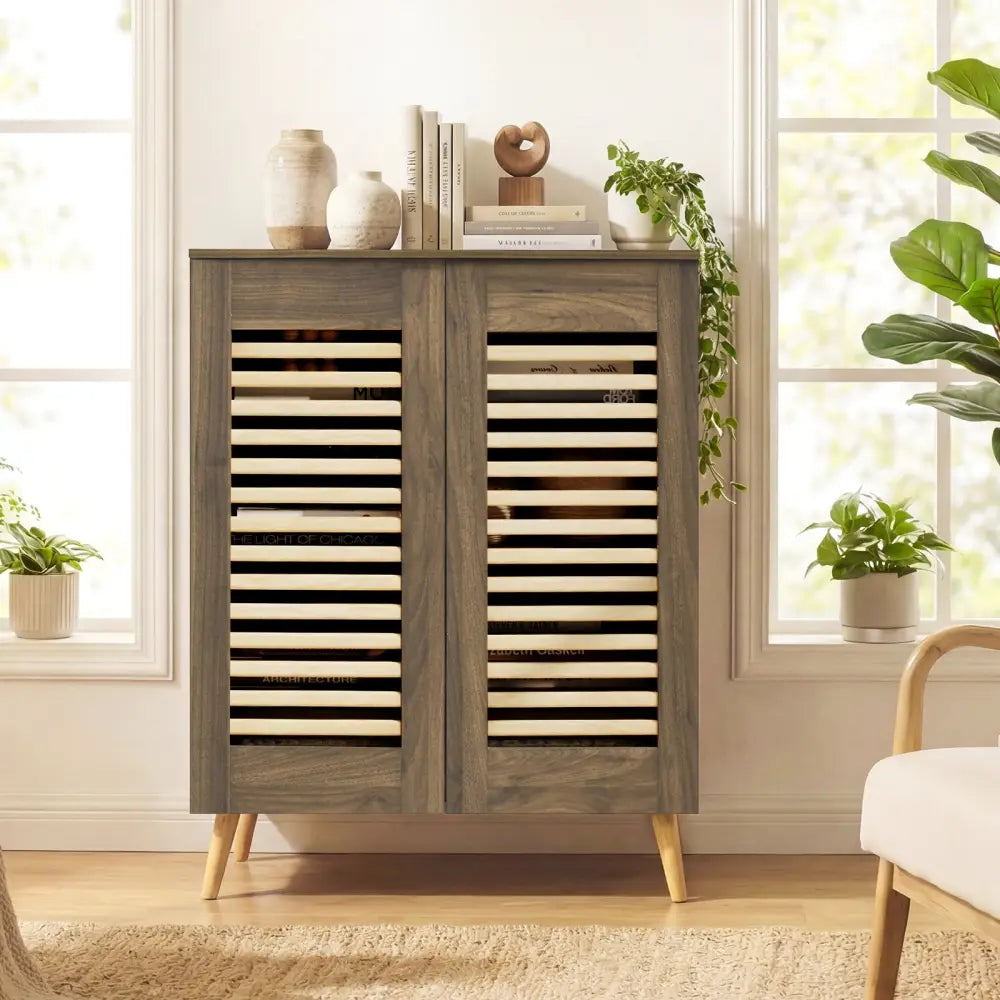 Shoe Cabinet with Louvered Doors and Removable Shelves-Walnut - Walnut - Shoe Racks & Storage Benches