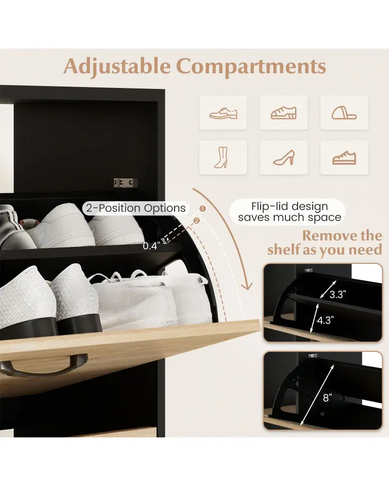 Shoe Cabinet with Open Shelves Modern Shoe Organizer with 3 Flip Drawers-Black - Black - Shoe Racks & Storage Benches