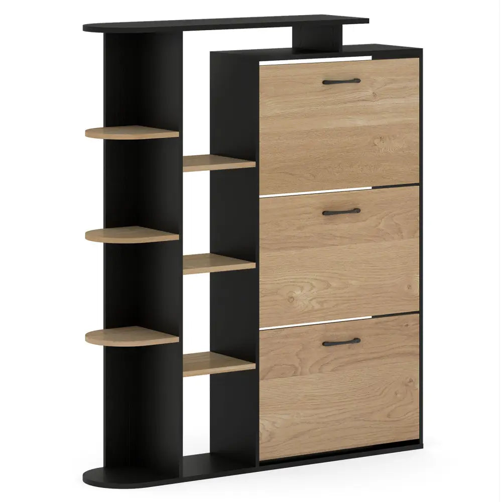 Shoe Cabinet with Open Shelves Modern Shoe Organizer with 3 Flip Drawers-Black - Black - Shoe Racks & Storage Benches