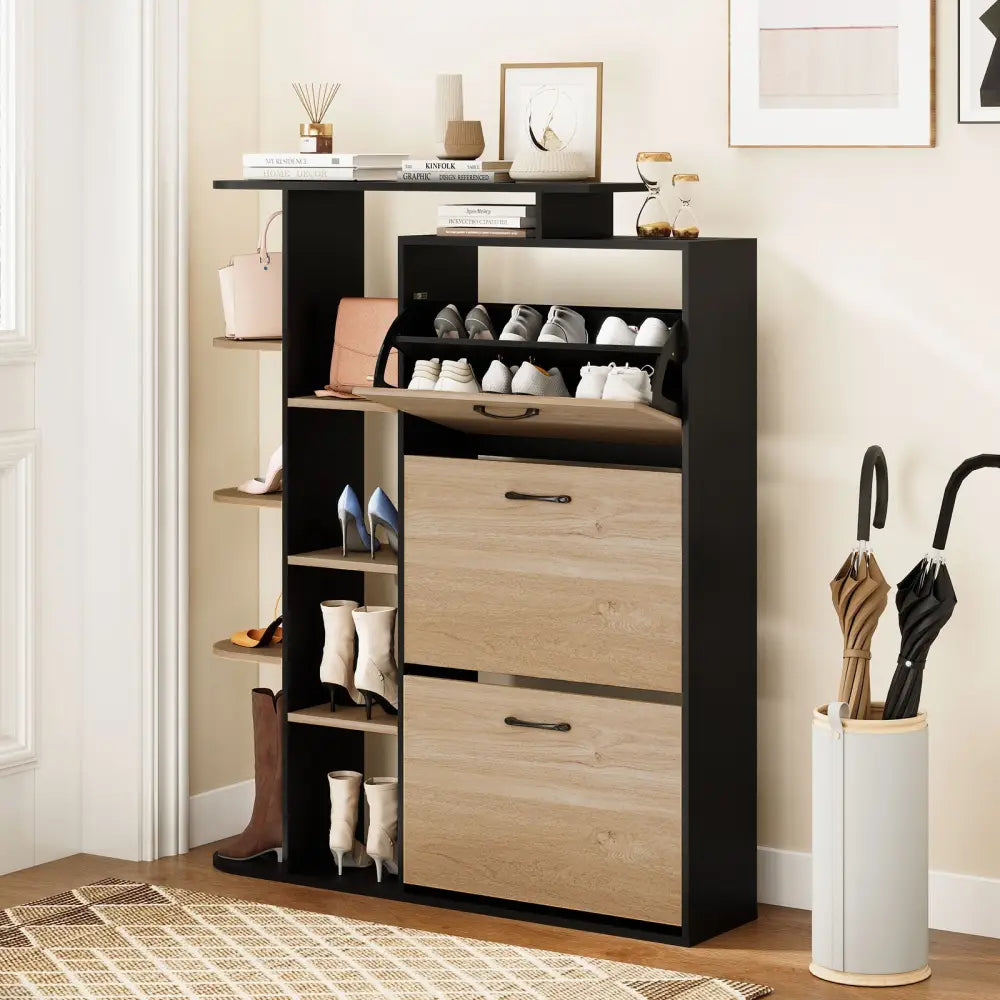 Shoe Cabinet with Open Shelves Modern Shoe Organizer with 3 Flip Drawers-Black - Black - Shoe Racks & Storage Benches