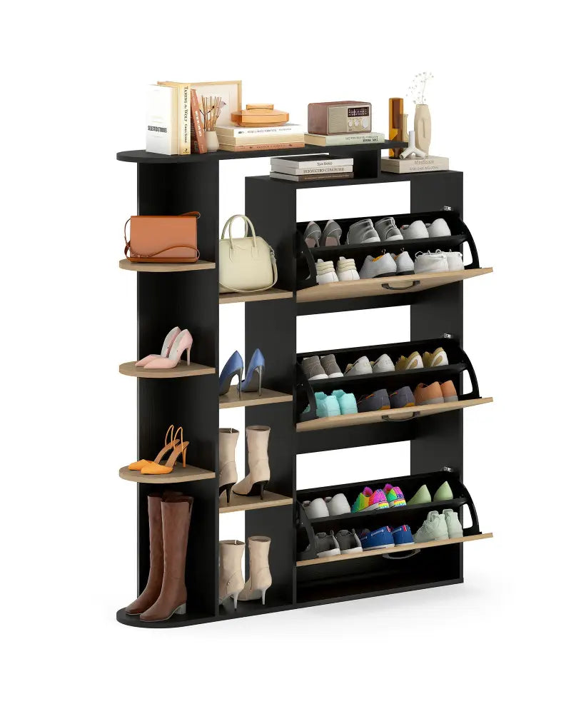 Shoe Cabinet with Open Shelves Modern Shoe Organizer with 3 Flip Drawers-Black - Black - Shoe Racks & Storage Benches