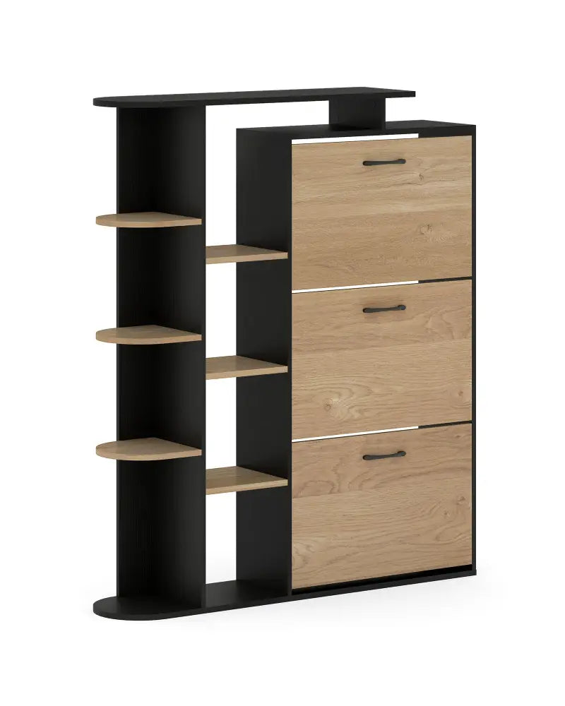Shoe Cabinet with Open Shelves Modern Shoe Organizer with 3 Flip Drawers-Black - Black - Shoe Racks & Storage Benches