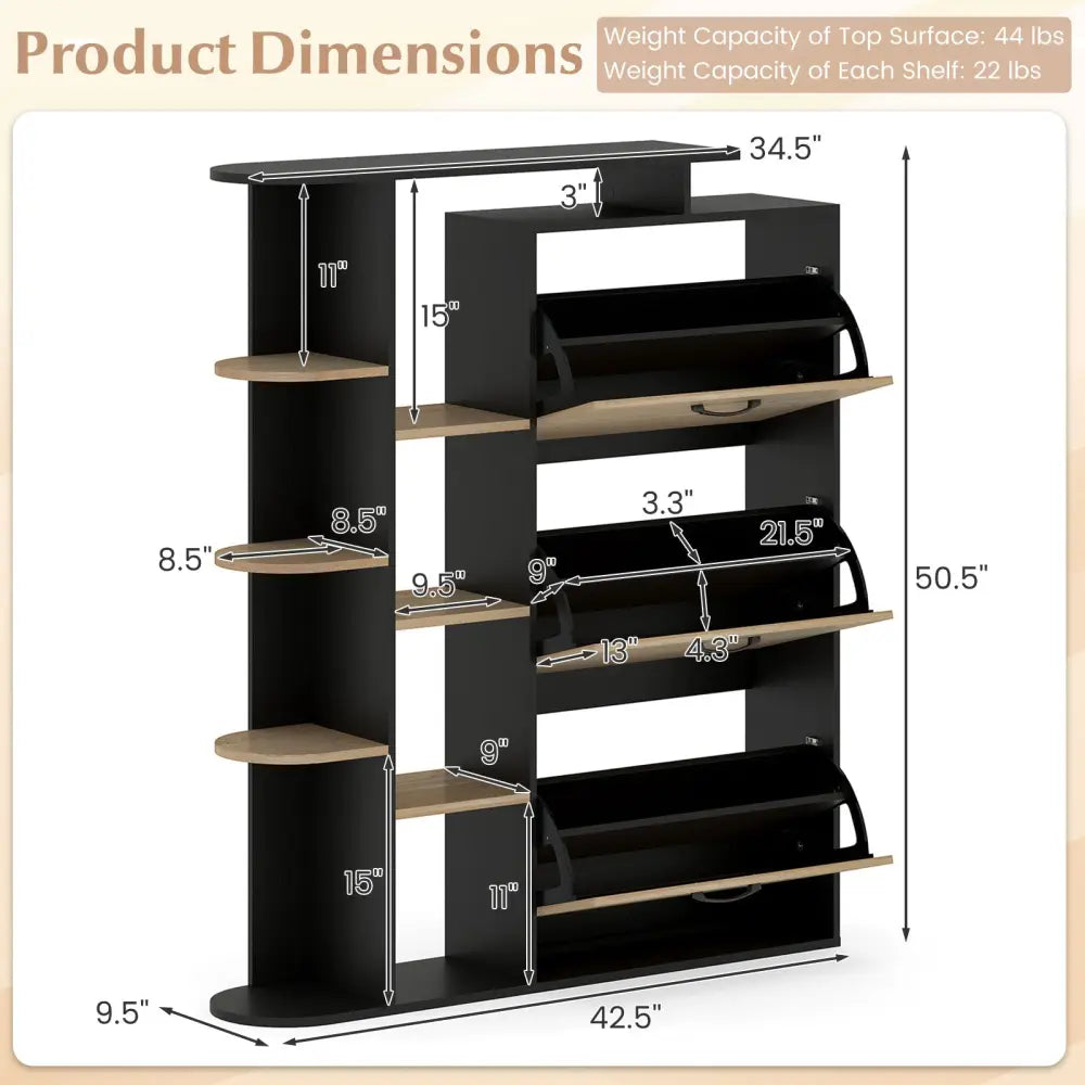 Shoe Cabinet with Open Shelves Modern Shoe Organizer with 3 Flip Drawers-Black - Black - Shoe Racks & Storage Benches