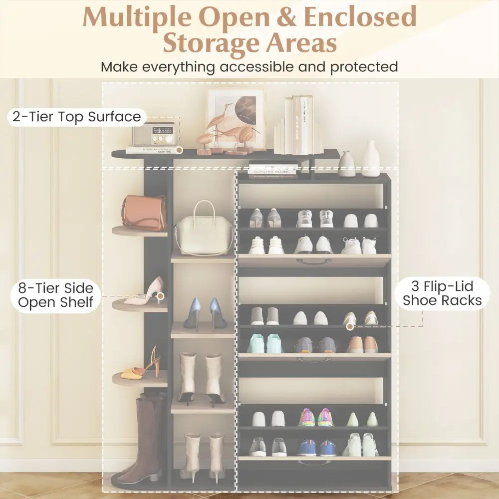 Shoe Cabinet with Open Shelves Modern Shoe Organizer with 3 Flip Drawers-Black - Black - Shoe Racks & Storage Benches