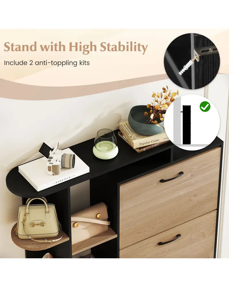 Shoe Cabinet with Open Shelves Modern Shoe Organizer with 3 Flip Drawers-Black - Black - Shoe Racks & Storage Benches