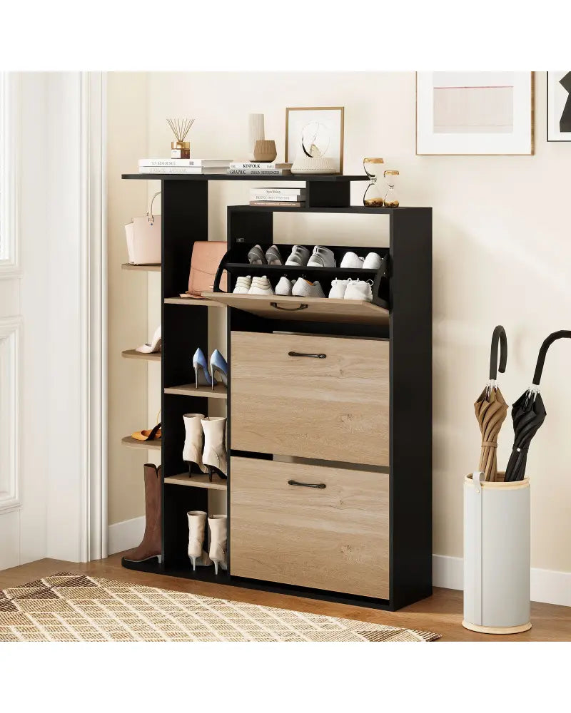 Shoe Cabinet with Open Shelves Modern Shoe Organizer with 3 Flip Drawers-Black - Black - Shoe Racks & Storage Benches